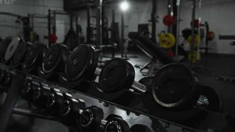 Row of Dumbbells Sitting on Rack in Empty Modern Fitness Club Stock Footage 339877192