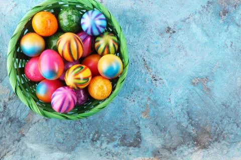 Row of Easter eggs on blue background. easter decoration Stock Photos