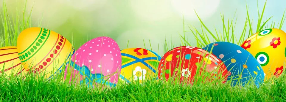 Row of Easter eggs in Fresh Green Grass on green spring bokeh background. Spa Stock Illustration