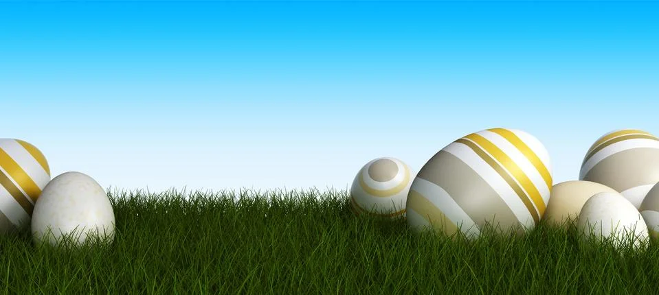 Row of Easter eggs on grass with a blue background Illustrazione stock
