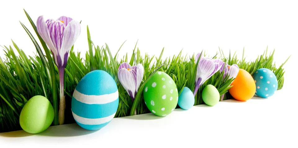 Row of Easter Eggs in grass Stockfoto's
