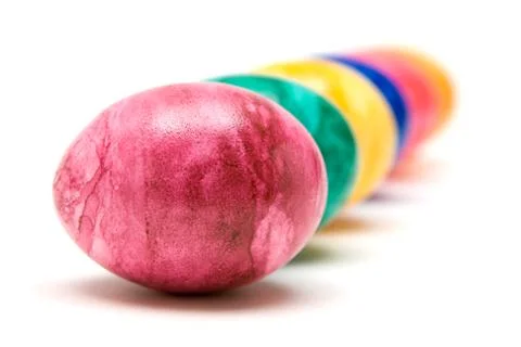 Row of Easter Eggs Isolated on a White Background Foto stock