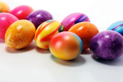 Row of Easter eggs on table. easter decoration Stock Photos
