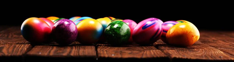 Row of Easter eggs on table. easter decoration Stock Photos