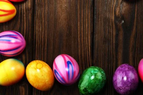 Row of Easter eggs on table. easter decoration Stock Photos