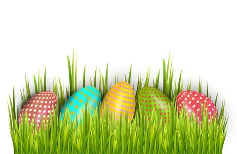 Row of Easter painted eggs hidden in green grass, isolated on white background. Stock Illustration
