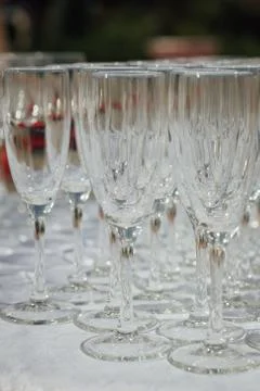 A row of empty champagne glasses on table. Banquet setting Foto stock