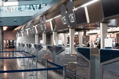 Row empty check-in desks Foto stock