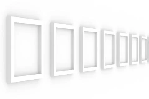 Row empty frames on white background. Isolated 3D image Illustrazione stock