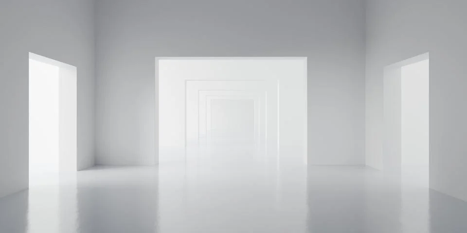 Row of empty white rooms or gallery with large doorways, modern empty inter.. Stock Illustration