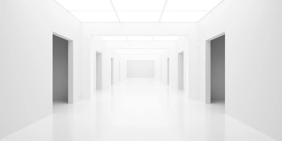 Row of empty white rooms or gallery connected by large doorways with square.. Stock Illustration