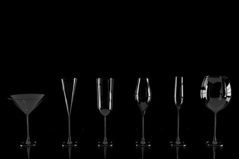 Row of empty wine glasses on black background Stock Illustration