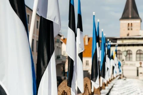 A row of Estonian flags waves in the winter sun, decorating a historic Stock Photos
