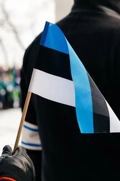 A row of Estonian flags waves in the winter sun, decorating a historic Stock Photos