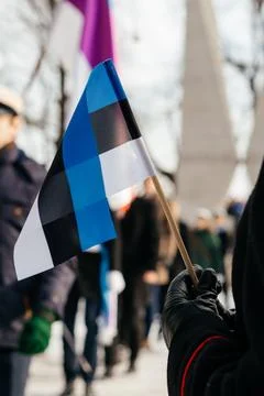 A row of Estonian flags waves in the winter sun, decorating a historic Stock Photos