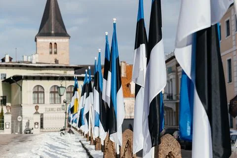 A row of Estonian flags waves in the winter sun, decorating a historic Stock Photos