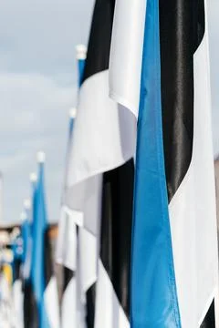 A row of Estonian flags waves in the winter sun, decorating a historic Stock Photos