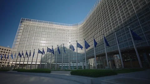 Row of EU Flags beside Berlaymont building Brussels Belgium 库存影片 340558312