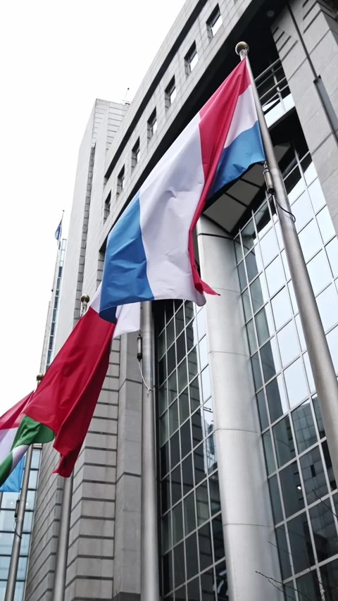 Row Of Eu Member Countries Flags Flying Beside European Parliament Building Stockbeeldmateriaal 327543554