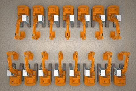 Row of excavators top view 3d rendering Stock Illustration