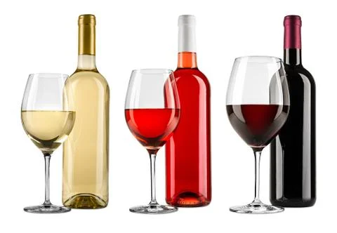Row of exquisite red white and rose wine bottle glass set collection isolated Stock Photos