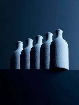 Row of five bottles in front of dark background, 3D-Rendering Stock Illustration