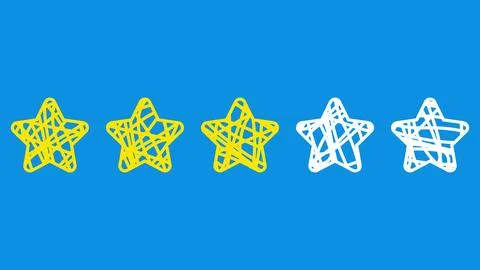 Row of five hand-drawn doodle stars, three yellow and two white, scribble s.. Stock Illustration