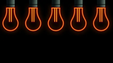 Row of Five Neon Orange Glowing Filament Bulbs Stock Footage 337390863