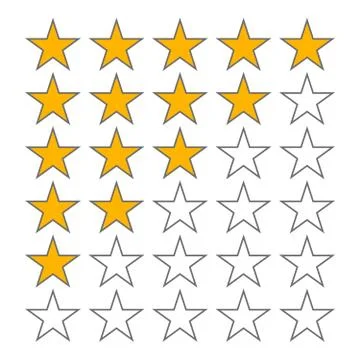 Row of five stars rate. 5 star rating vector icons isolated on white background Stock Illustration
