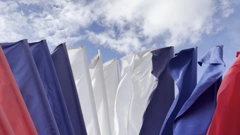 A row of flags with a blue, white, and red stripe 库存影片 277561110