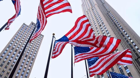 Row of flags on the flagstaffs flapping in the strong wind. Low angle view. Stock Footage 321183345