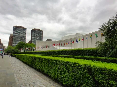 Row of flags in front of building under cloudy sky Stock Photos