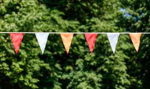 A row of flags hanging from a wire in a green forest 库存照片