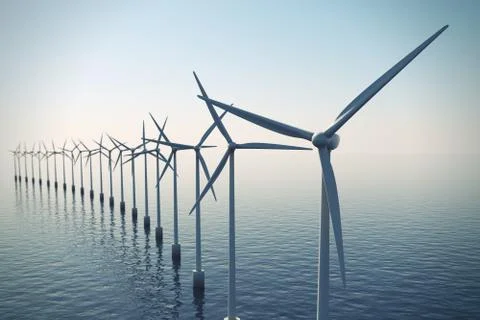 Row of floating wind turbines during hazy day. Stock Illustration