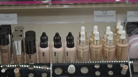A row of foundations on a shelf in a store. Minsk, Belarus - june 2, 2026 Stock Footage 336218867