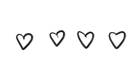 A row of four hand drawn hearts shrinking and growing synchronously. Black and Stock Footage 118316383