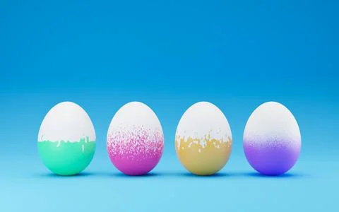 Row of funny easter eggs decorated with different colors and designs. 3D rend 스톡 일러스트
