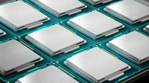 Row of generic brandless microprocessors or CPUs. 3D illustration Stock Illustration