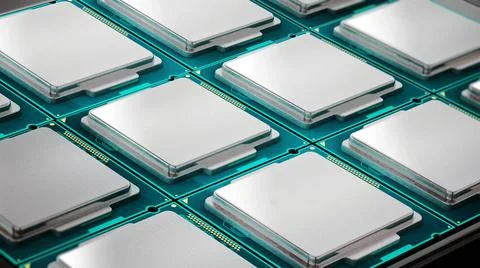 Row of generic brandless microprocessors or CPUs. 3D illustration Row of g... Stock Photos