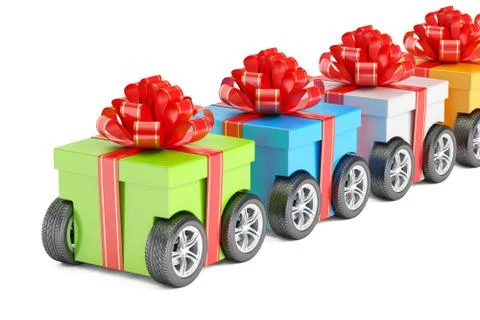Row from gift boxes on wheels, gift delivery concept. 3D rendering Stockillustratie