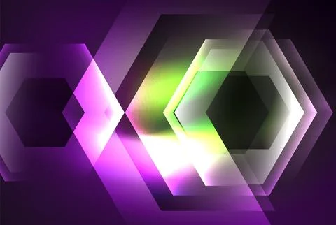 A row of glowing hexagons on a purple backdrop with a symmetrical pattern Stock Illustration