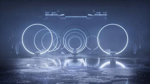 Row of glowing rings with a dimmed ring tunnel at the center Stock Illustration