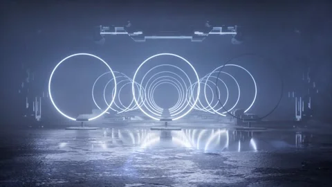 Row of glowing rings expanding into a luminous tunnel Stock Footage 346781211