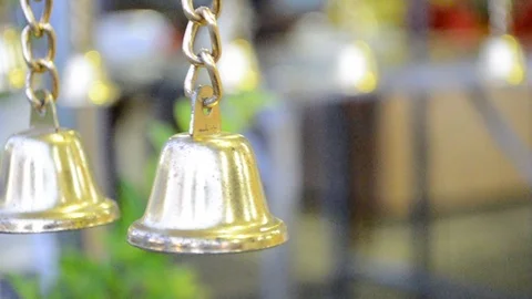 Row Gold of bells in Buddha temple Stock Footage 71629467