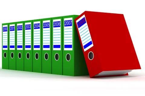 Row of green folders with documents on a white background Stock Illustration