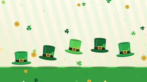 Row of green leprechaun hats bouncing and dancing with falling confetti Vidéo 348330205