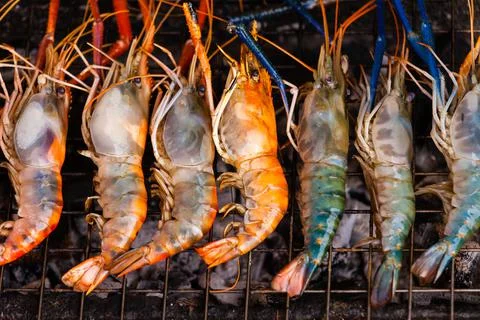 Row of grilled prawns Stock Photos