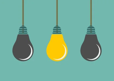 Row of hanging lightbulbs with one burning on blue background. Stock Illustration