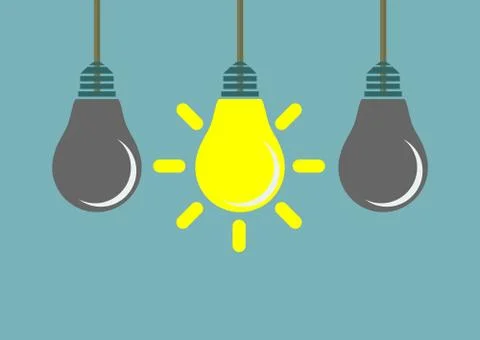 Row of hanging lightbulbs with one burning on blue background. Stock Illustration