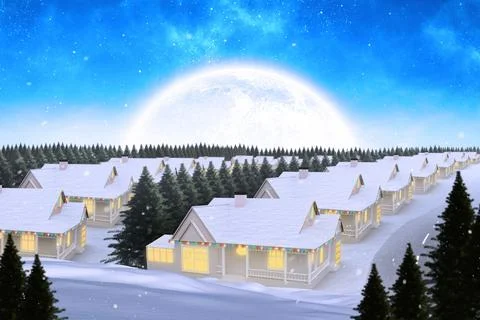 Row of holiday cabins is glowing in vector flat design winter night scene, with Stockillustratie